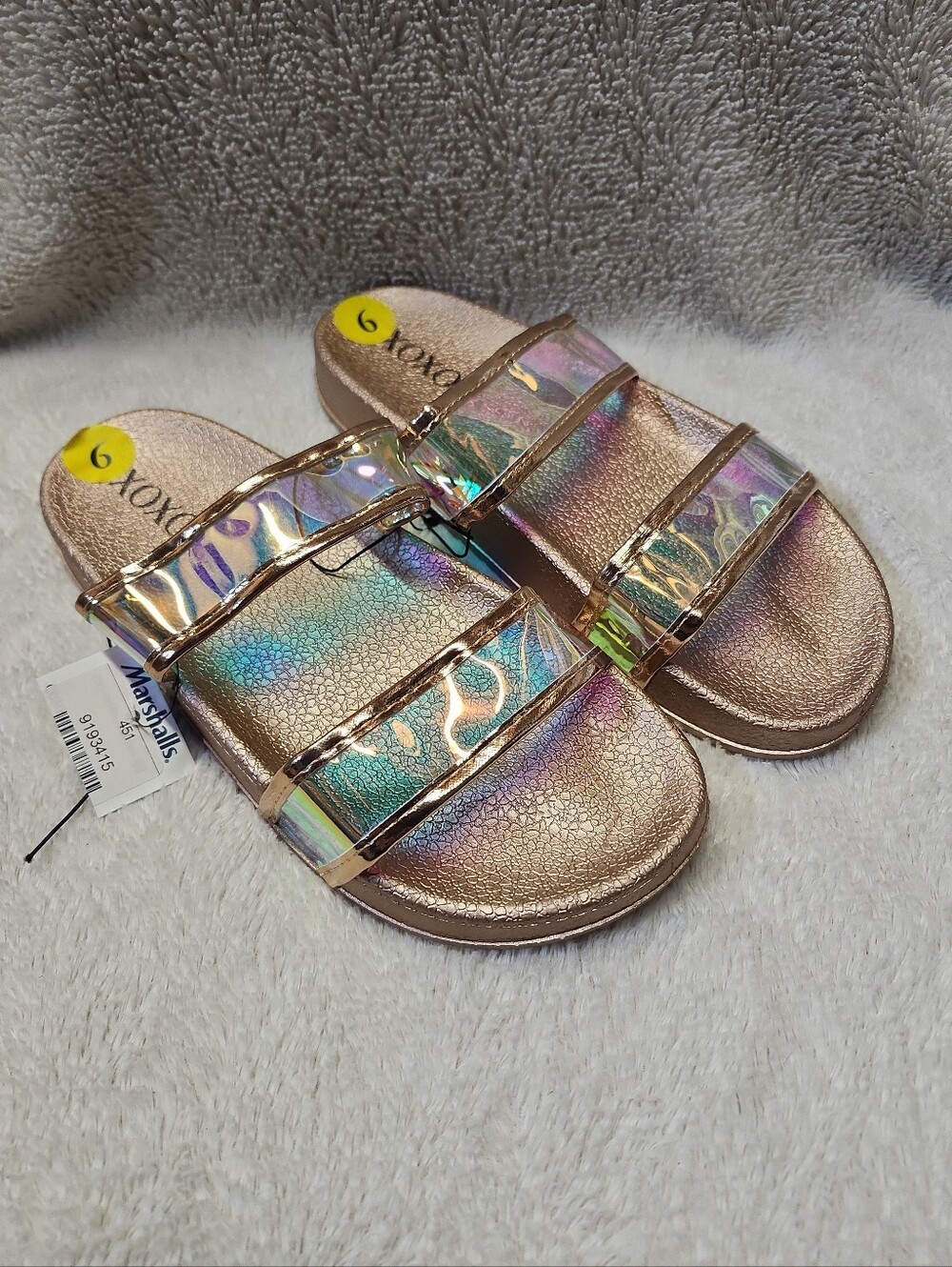 New XOXO Rose Gold Iridescent Dual-Strap Slide Sandals Size 9 Slip-On